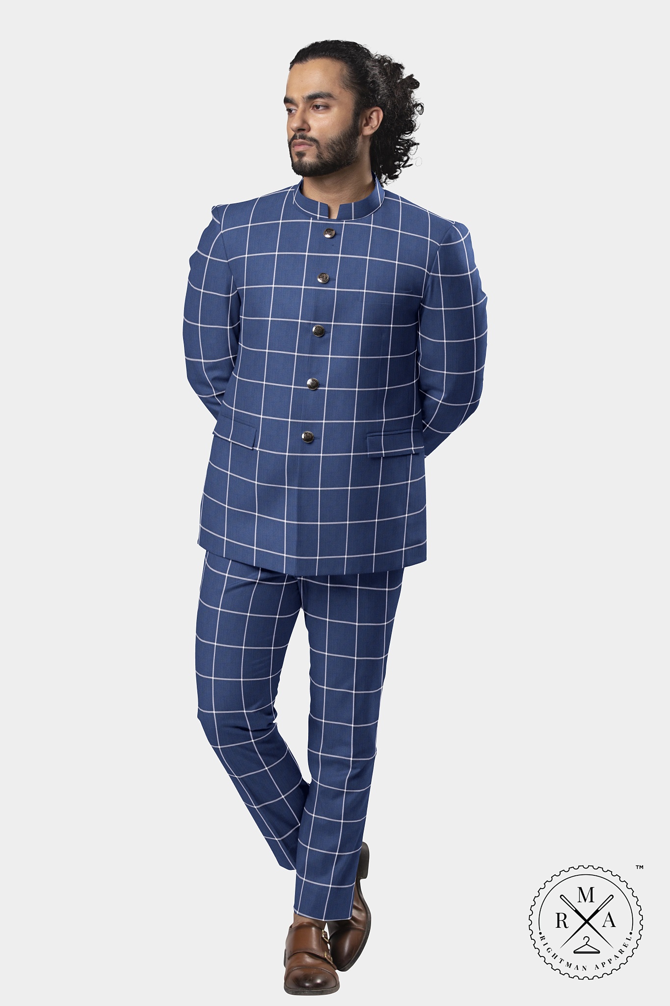 Blue Jodhpuri Suit With White Windowpane Checks SU43